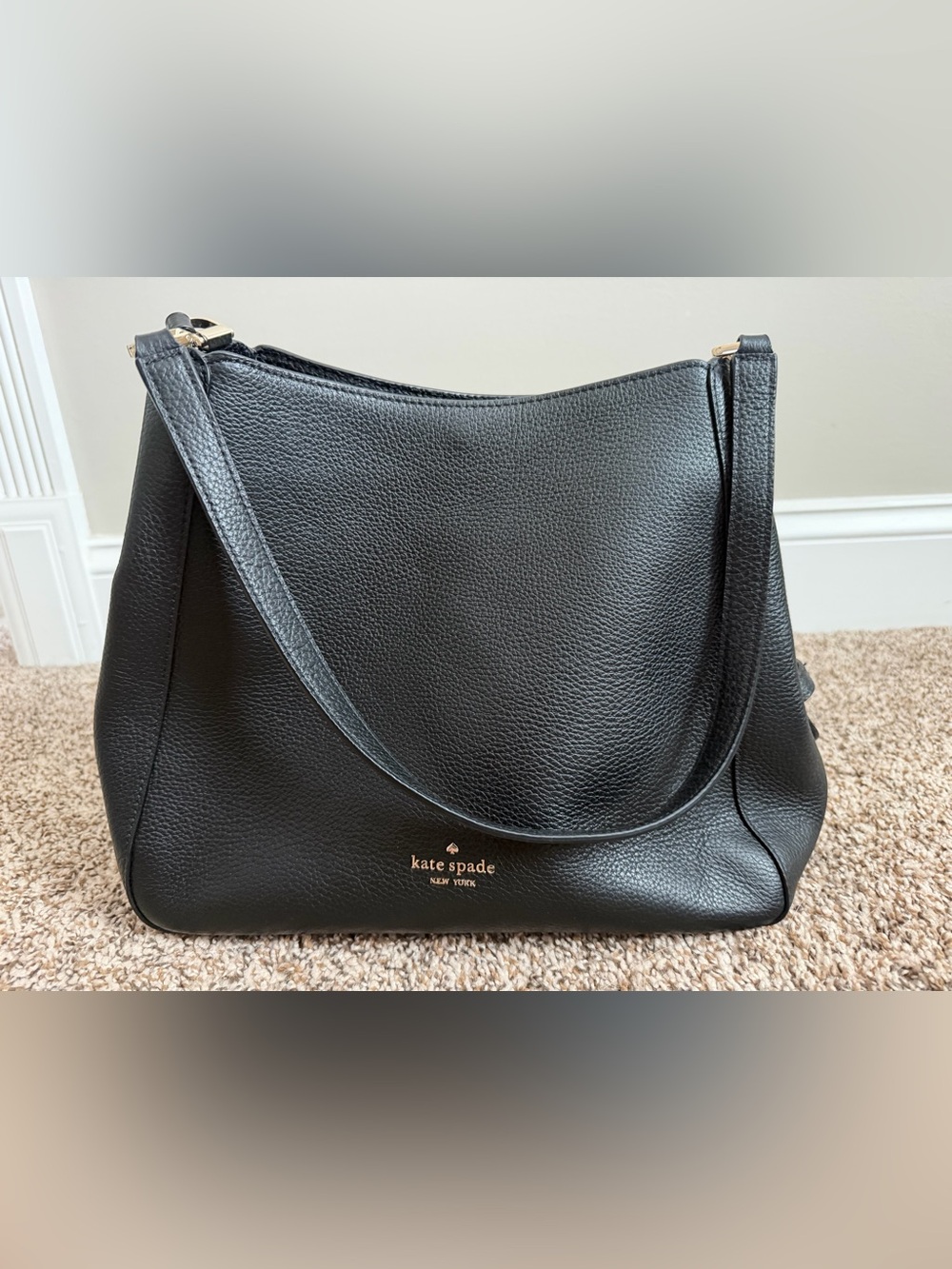 kate spade Black Pebbled Leather Shoulder Bag with Gold Logo